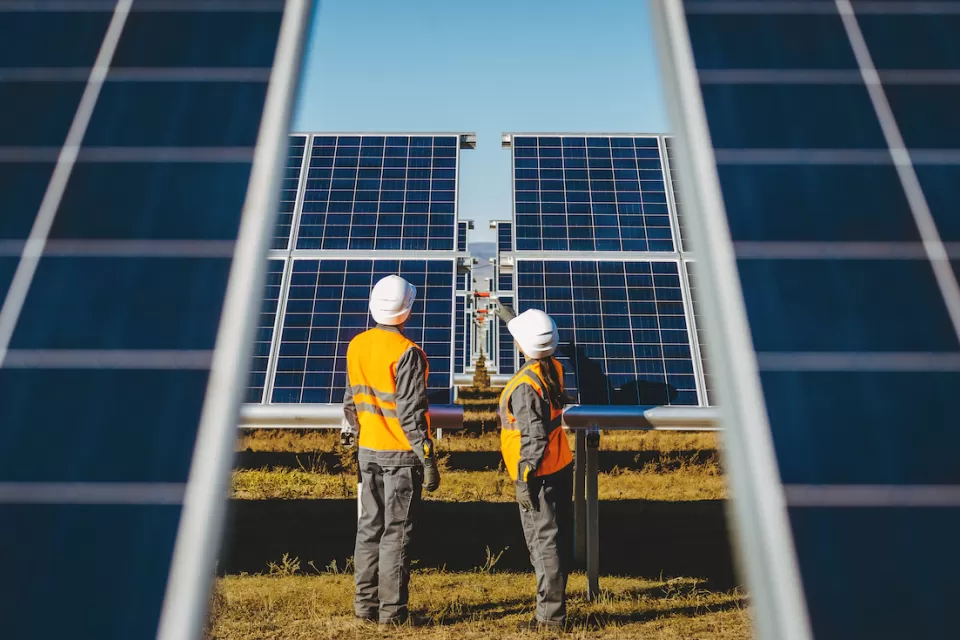 Two workers in white hard hats looking up at large photovoltaic solar panels.